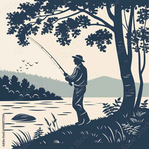 Silhouette of Fisherman Casting Rod by Lake Under Large Tree