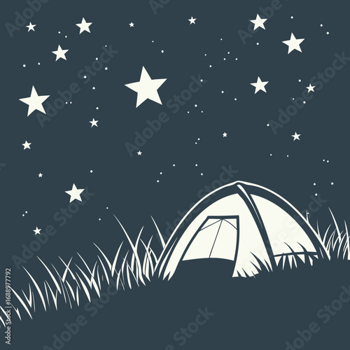 Camping tent under a starry night sky with grass stars