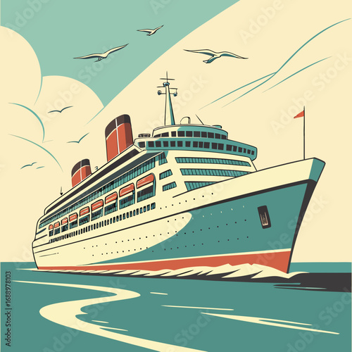 Cruise Ship Sailing on Calm Water with Seagulls ocean