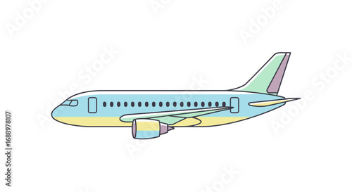 A brightly colored passenger jet airplane with a yellow fuselage and blue body flying in the sky on a clear day