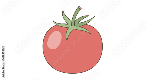 A Close Up Illustration of a Ripe Red Tomato with a Green Stem and Leaves Isolated on a White Background