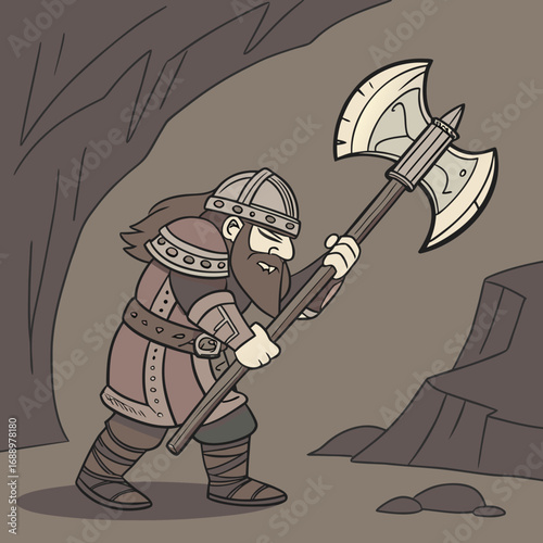 Cartoon Dwarf Warrior Holding Large Double- Edged Axe in Cave