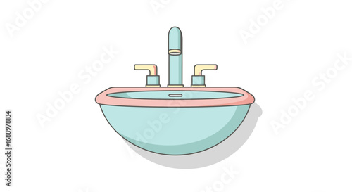 A Cartoon Illustration of a Pastel Colored Sink with a Faucet and Handles Bathed in Soft Light Casting a Shadow Below it on a White Background
