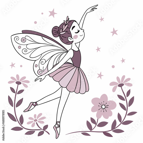 Whimsical Fairy Ballerina Dancing Among Flowers and Stars