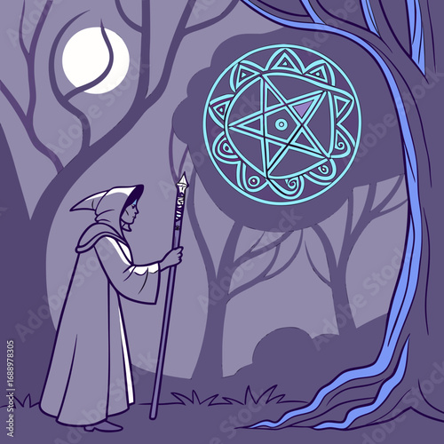 Wizard Casting a Spell in a Moonlit Forest magic trees