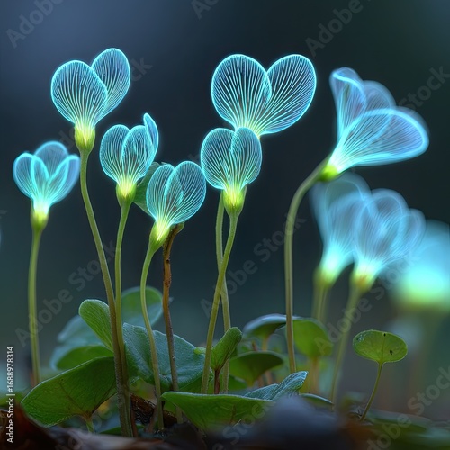 Glowing, ethereal flowers in vibrant blue light
