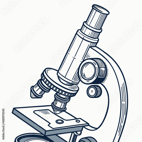 Detailed line drawing of a scientific microscope Keywords: microscope, science, laboratory