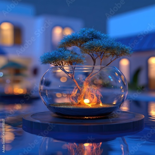 A bonsai tree in a glass bowl, illuminated by a warm light, sits on a wooden platform in a pool at night.  Tranquil,  Mediterranean-style homes and a gazebo are in the background