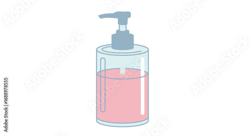A clear plastic pump bottle filled with a pink liquid and a blue pump dispenser on top