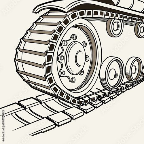 Close up of tank tread and wheels in line art military