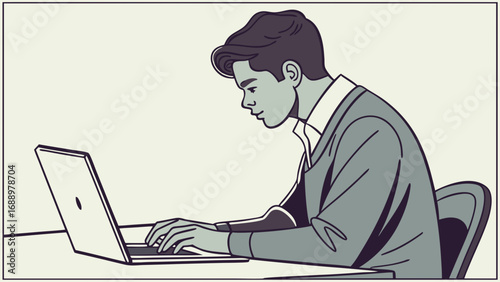 Young Person Working on Laptop Modern Minimalist Illustration Digital Nomad Concept.