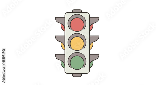 Illuminated traffic signal showing red yellow and green lights for regulating road vehicle and pedestrian movement at intersections