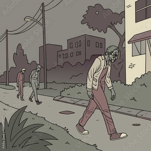 Zombies Walking Down a Suburban Street at Dusk town