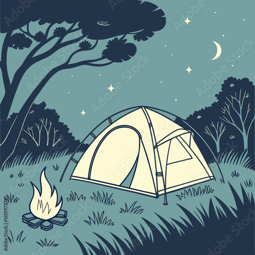 Camping scene at night with tent and campfire under starry sky Keywords: camping, tent, campfire