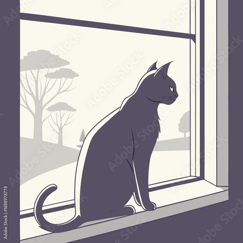 Cat sitting on windowsill looking out at stylized trees