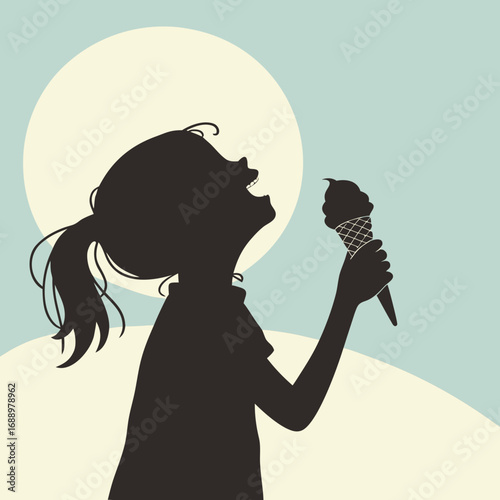 Silhouette of a girl joyfully eating an ice cream cone