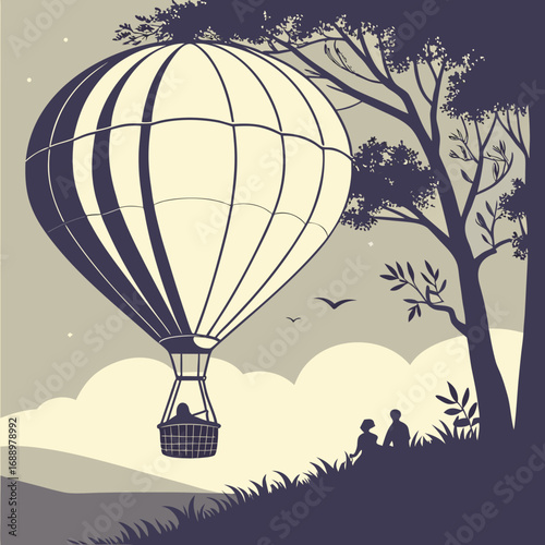 Hot air balloon floating near a tree with people watching