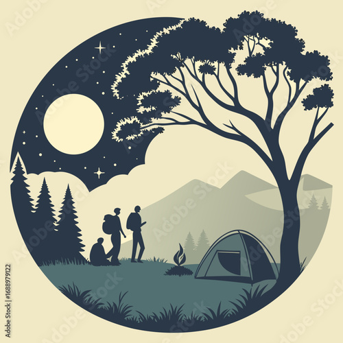 Camping scene with hikers under a starry night sky and large tree Keywords: camping, night