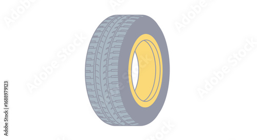 A detailed mechanical drawing of a vehicle tire showcasing its tread pattern and rim structure