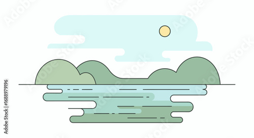 Serene Lakeside Landscape With Rolling Hills Under a Sunny Sky and Reflective Water Surface