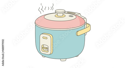 A Whimsical and Modern Rice Cooker with Steam Rising from the Lid Signaling Delicious Food Preparation