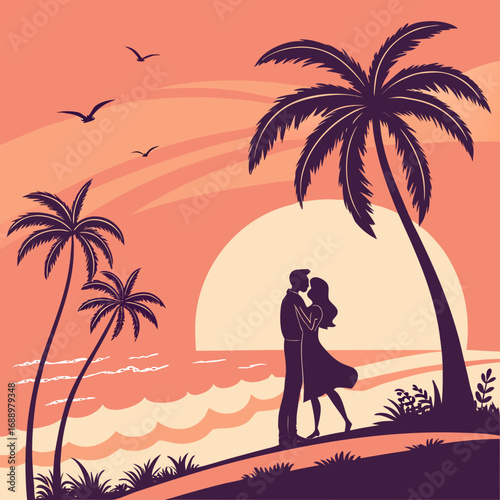 Couple Embracing on Beach at Sunset with Palm Trees