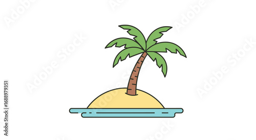 A solitary palm tree flourishes on a small sandy island surrounded by calm blue ocean water in this charming flat illustration perfect for vacation or tropical themes