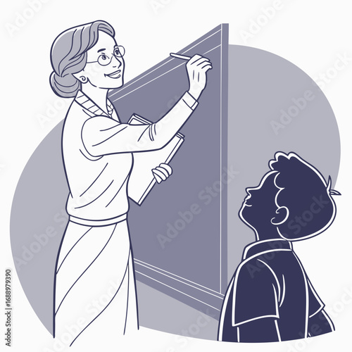 Teacher and student at blackboard in classroom education