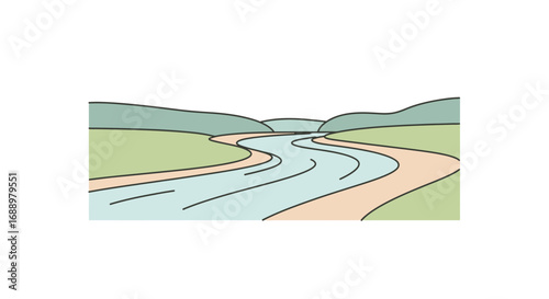 A Serene Landscape Featuring a Winding River Flowing Through Green Hills and Gentle Banks Under a Clear Sky