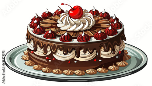 legant Black Forest cake layered with cherries, whipped cream, and chocolate shavings rests proudly. On a refined plate, isolated white background highlights German tradition, indulgence, and timeless