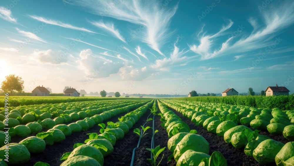 Fototapeta premium Vibrant green watermelons in a farm field under a bright sky with clouds and houses in the distance.