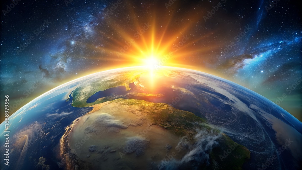 Fototapeta premium Earth rising over the horizon with a bright sun and a colorful nebula in the background space view