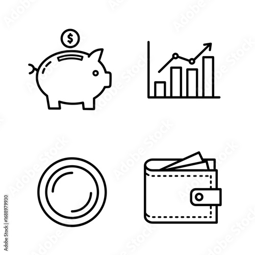 Collection of New Year’s Goals-themed icons, including piggy bank, growing graph, money coin, wallet