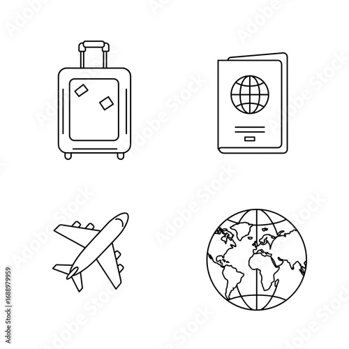 Collection of New Year’s Goals-themed icons, including suitcase, passport, airplane, world map