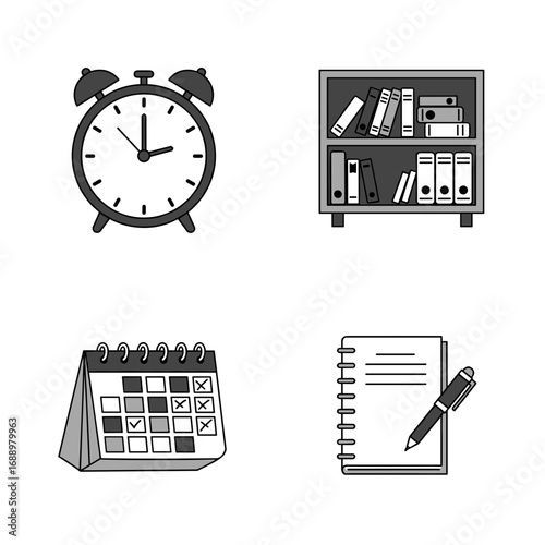 Collection of New Year’s Goals-themed icons, including clock, organized shelf, calendar with plans, notebook