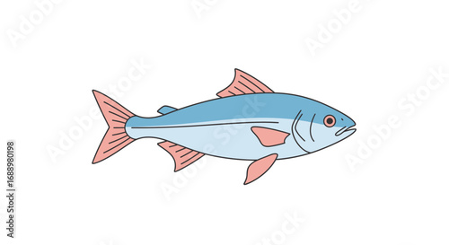 A detailed illustration of a single blue and pink fish swimming to the right with white background