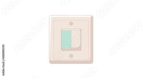 A Simple Beige Electrical Wall Switch with a Green and White Lever Mounted on a White Background Showing the Details of the Mechanism