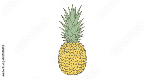 A simple illustration of a ripe yellow pineapple with green spiky leaves on a white background