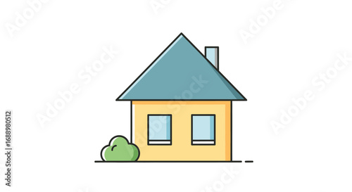 Simple illustration of a detached house with a blue roof and yellow walls surrounded by a small green bush on a white background