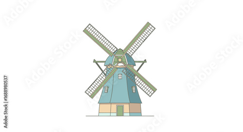 A Charming Blue Dutch Windmill Stands Proudly Against a White Background Illustrating Traditional European Architecture and Engineering