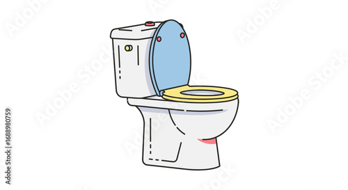 A cartoon illustration of a white toilet with a light blue lid and a yellow seat on a white background