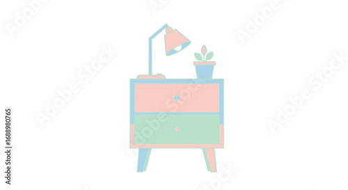 A Pastel Colored Nightstand with a Lamp and a Potted Plant on Top Illustration