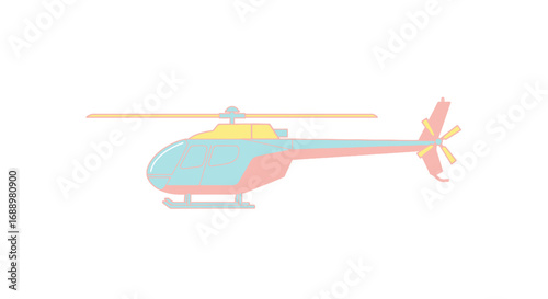 A detailed illustration of a light civilian helicopter with a pastel color scheme showing its rotor blades tail rotor and landing skids