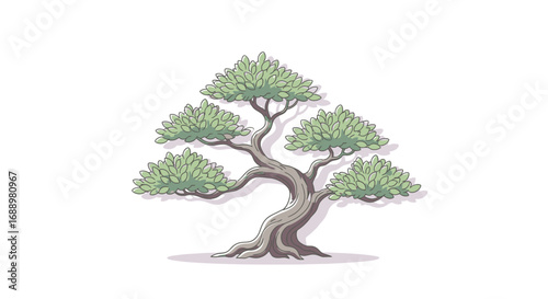 A Stylized Pixel Art Illustration of an Ancient Twisted Evergreen Tree with Lush Green Foliage and a Realistic Shadow on a White Background