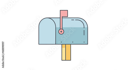 A Simple Blue Mailbox with a Pink Flag Stands Ready for Letters and Packages to Be Delivered or Picked Up Daily
