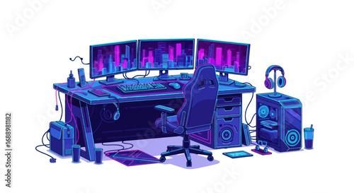 Gaming Setup with Three Monitors, PC Tower, and Ergonomic Chair.