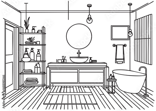 Bathroom graphic home interior black white sketch illustration vector