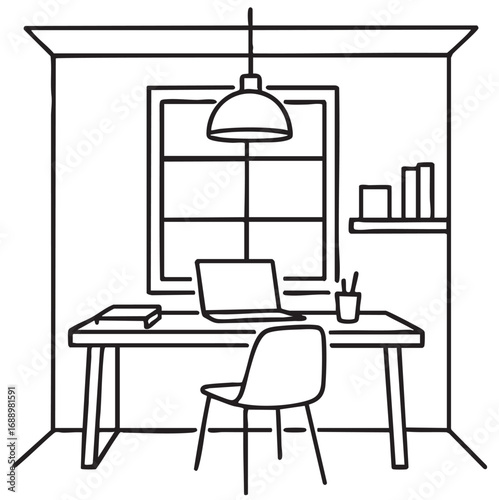 Table with a computer or workplace drawn by hand sketch style. Vector illustration