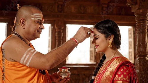 Temple priest applying sacred tilak on devotee’s forehead inside ornately carved mandir, representing spiritual blessing