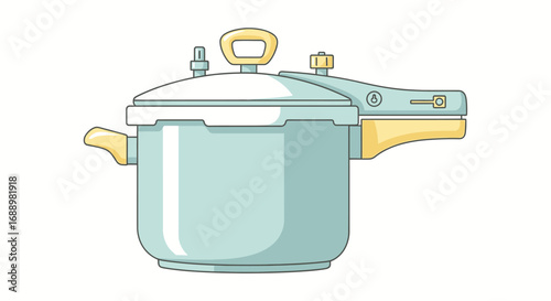 An illustrated depiction of a light blue and yellow pressure cooker used for faster cooking with steam pressure control and safety features for efficient kitchen use and culinary creations